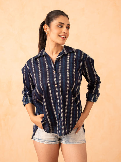 Navy Blue Striped Print Relaxed Cotton Shirt