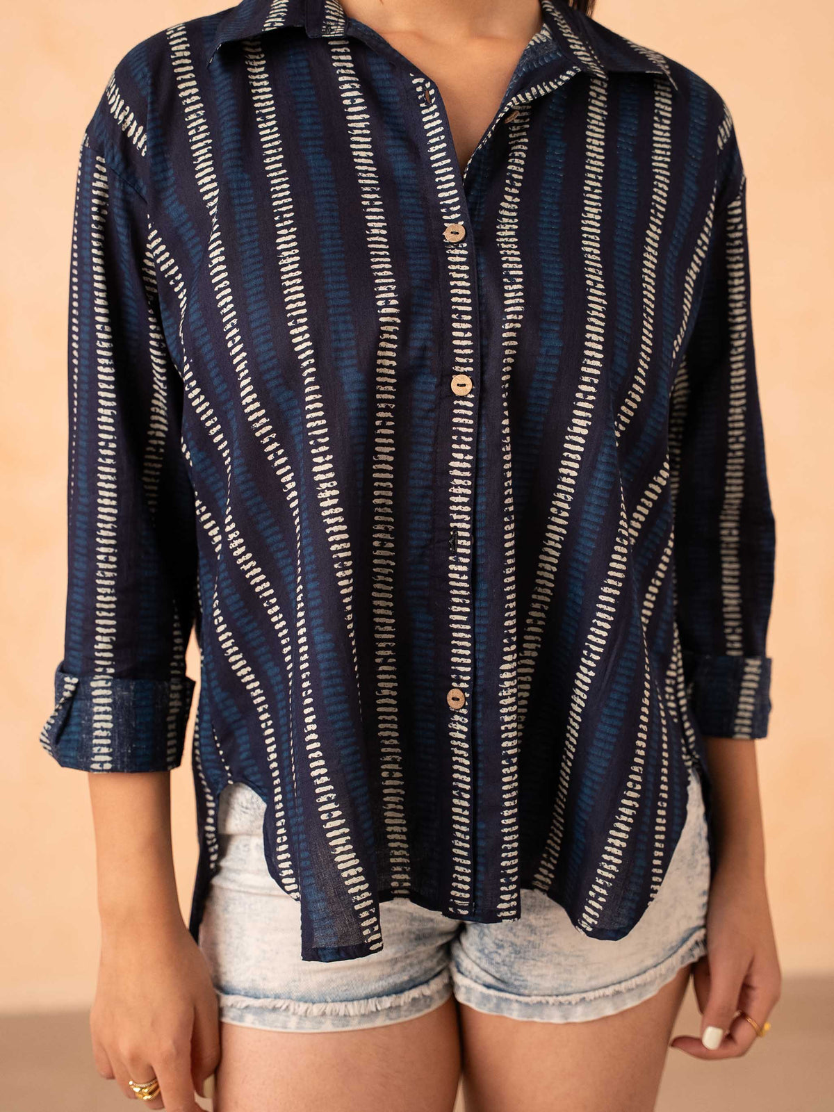 Navy Blue Striped Print Relaxed Cotton Shirt