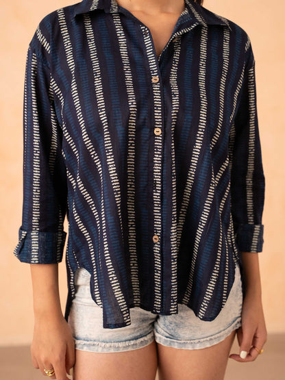 Navy Blue Striped Print Relaxed Cotton Shirt