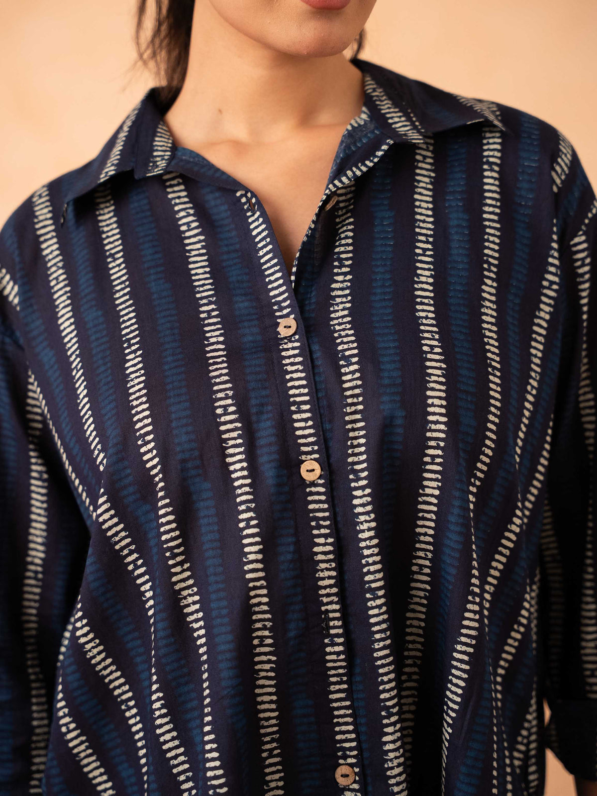 Navy Blue Striped Print Relaxed Cotton Shirt