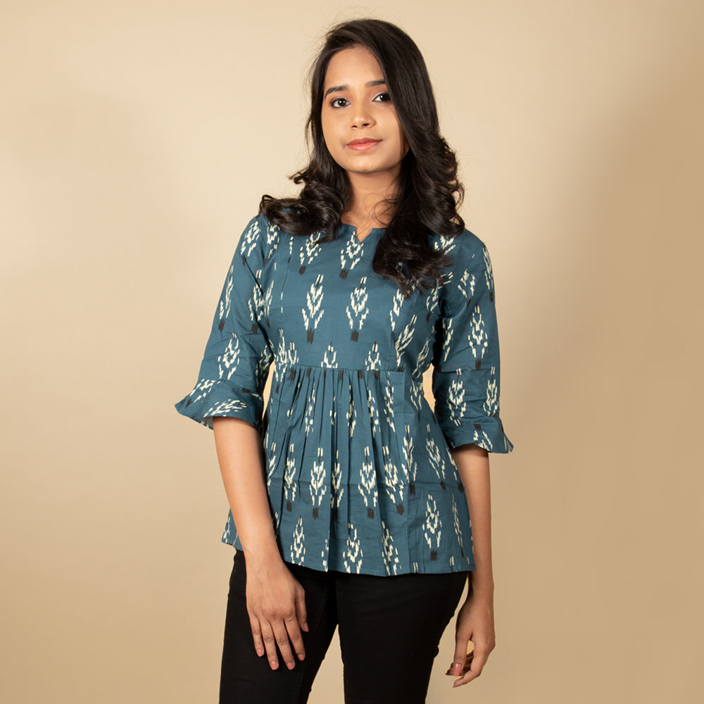 Cadet Blue Ikat Print Top