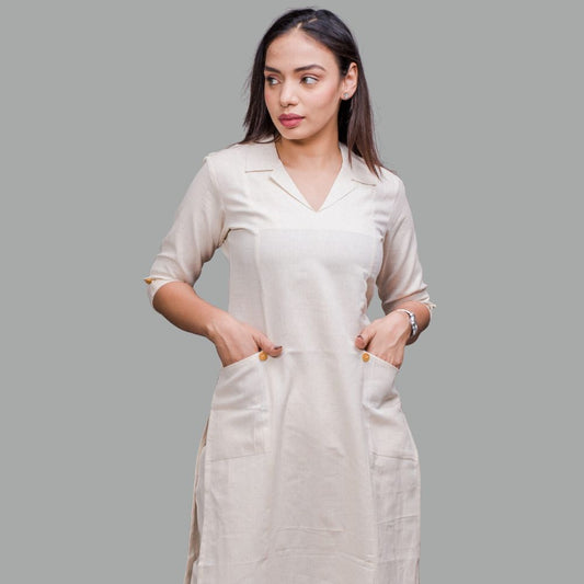 Collared Cream Kurti with pockets