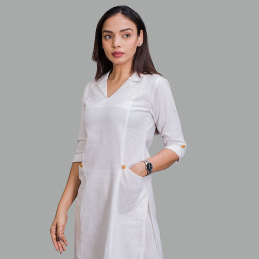 Collared Off-White Kurti with pockets