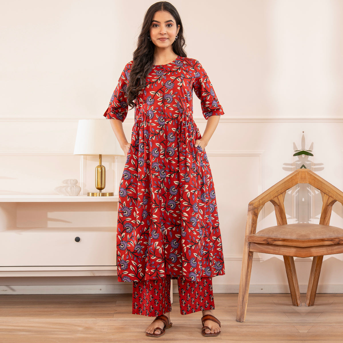 Red Floral Print Fit & Flared Kurta with Palazzo Pants