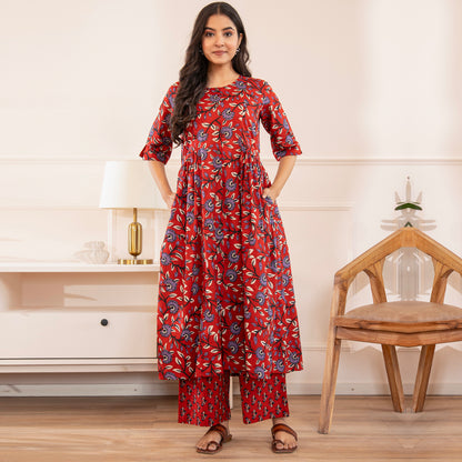 Red Floral Printed Cotton Co-ord Set