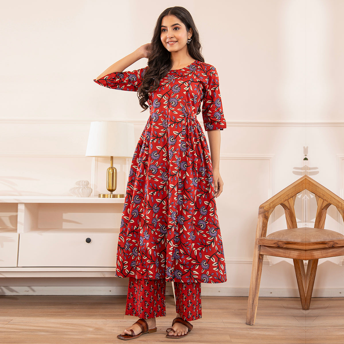 Red Floral Printed Cotton Co-ord Set