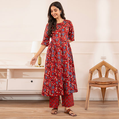 Red Floral Printed Cotton Co-ord Set
