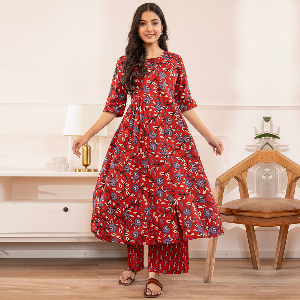 Red Floral Print Fit & Flared Kurta with Palazzo Pants