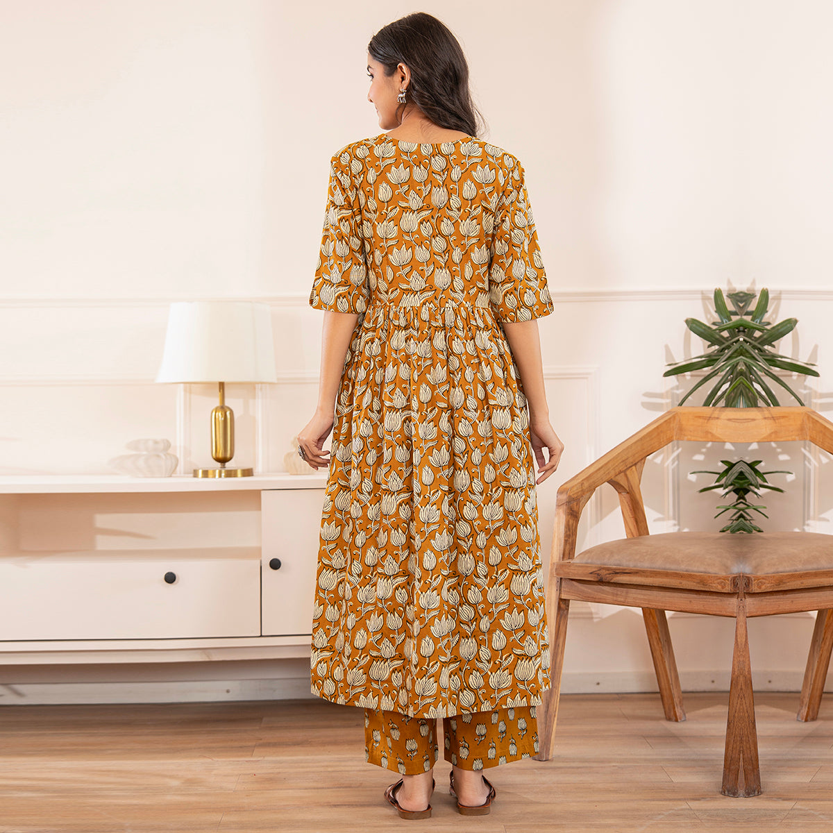 Mustard Yellow Floral Printed Cotton Kurta Palazzo Set With Dupatta