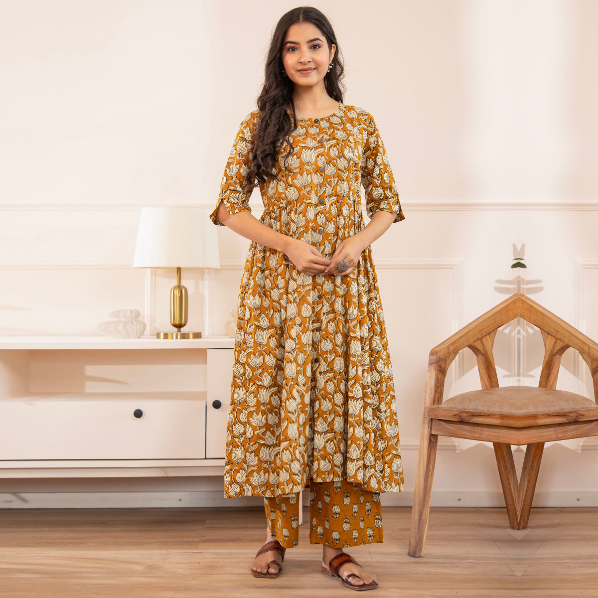 Mustard Yellow Floral Printed Cotton Kurta Palazzo Set With Dupatta
