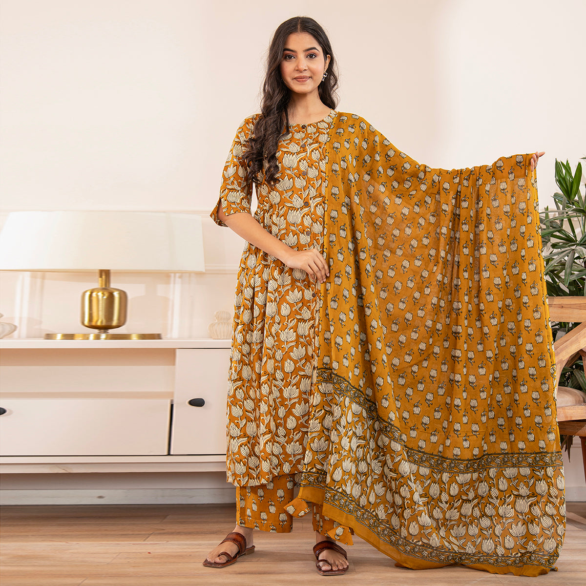 Mustard Yellow Floral Print Fit & Flared Kurta with Palazzo and Dupatta Set