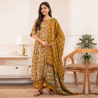 Mustard Yellow Floral Printed Cotton Kurta Palazzo Set With Dupatta