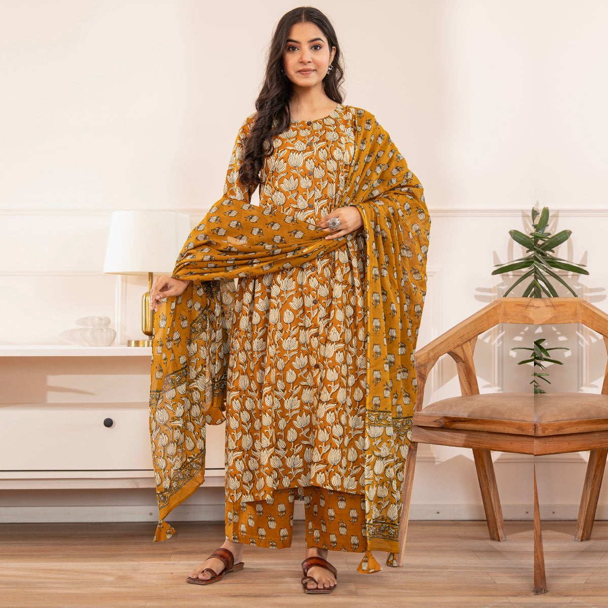 Mustard Yellow Floral Print Fit & Flared Kurta with Palazzo and Dupatta Set