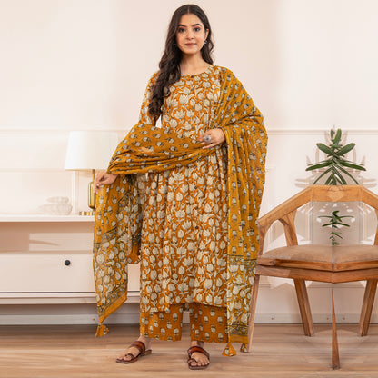 Mustard Yellow Floral Printed Cotton Kurta Palazzo Set With Dupatta