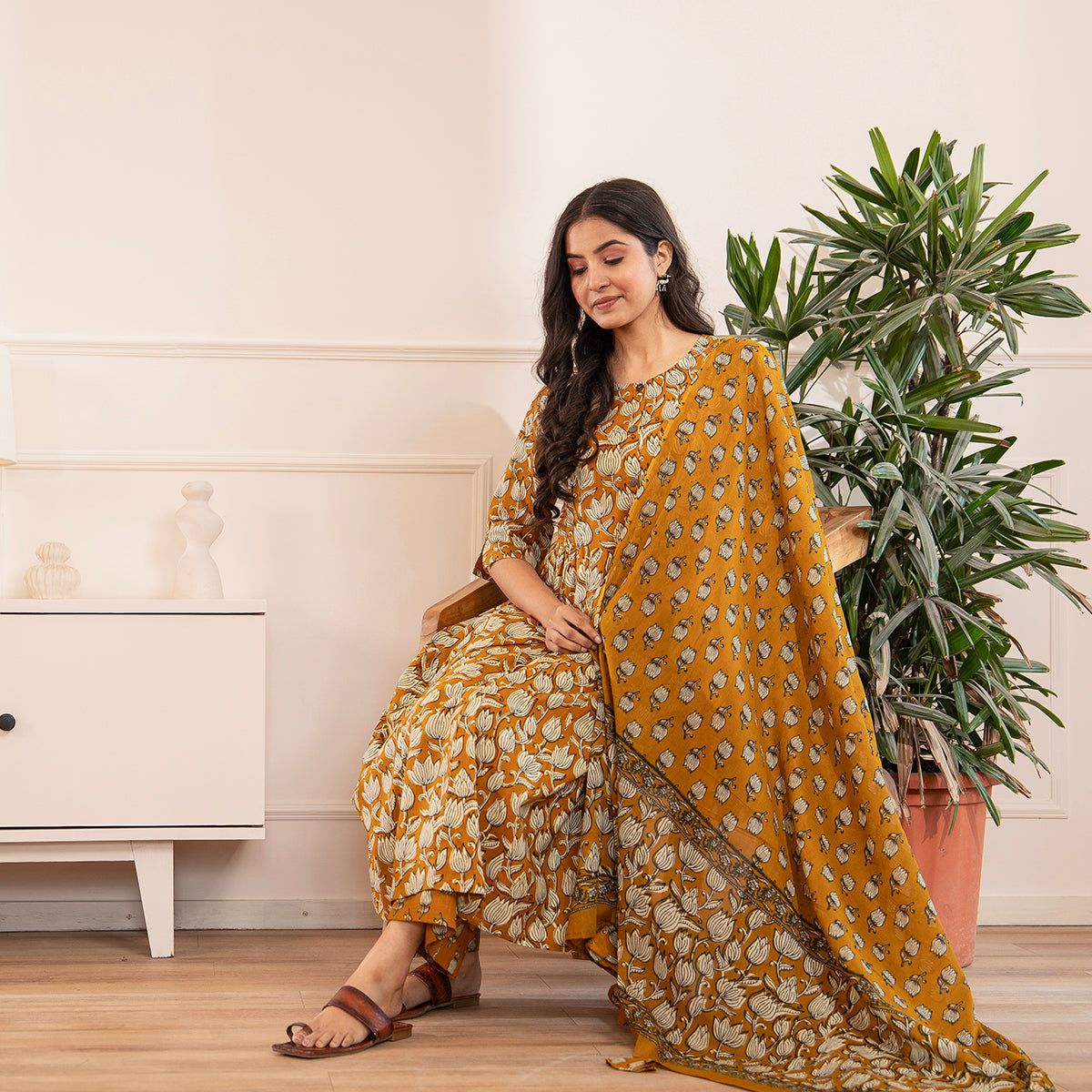 Mustard Yellow Floral Printed Cotton Kurta Palazzo Set With Dupatta