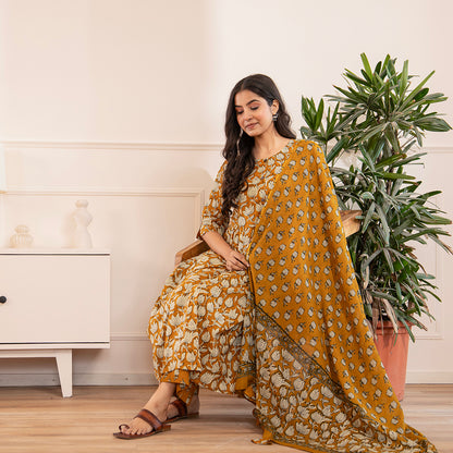 Mustard Yellow Floral Printed Cotton Kurta Palazzo Set With Dupatta
