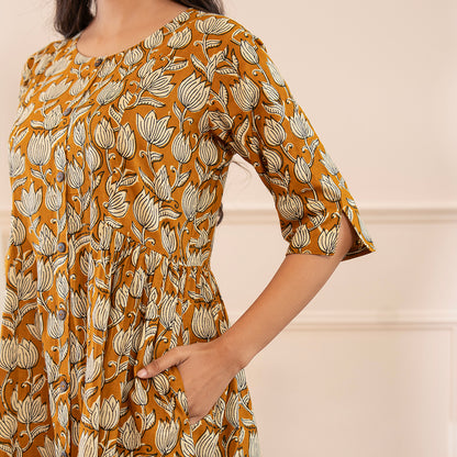 Mustard Yellow Floral Printed Cotton Kurta Palazzo Set With Dupatta