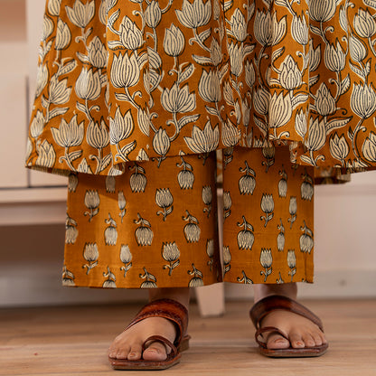 Mustard Yellow Floral Printed Cotton Kurta Palazzo Set With Dupatta