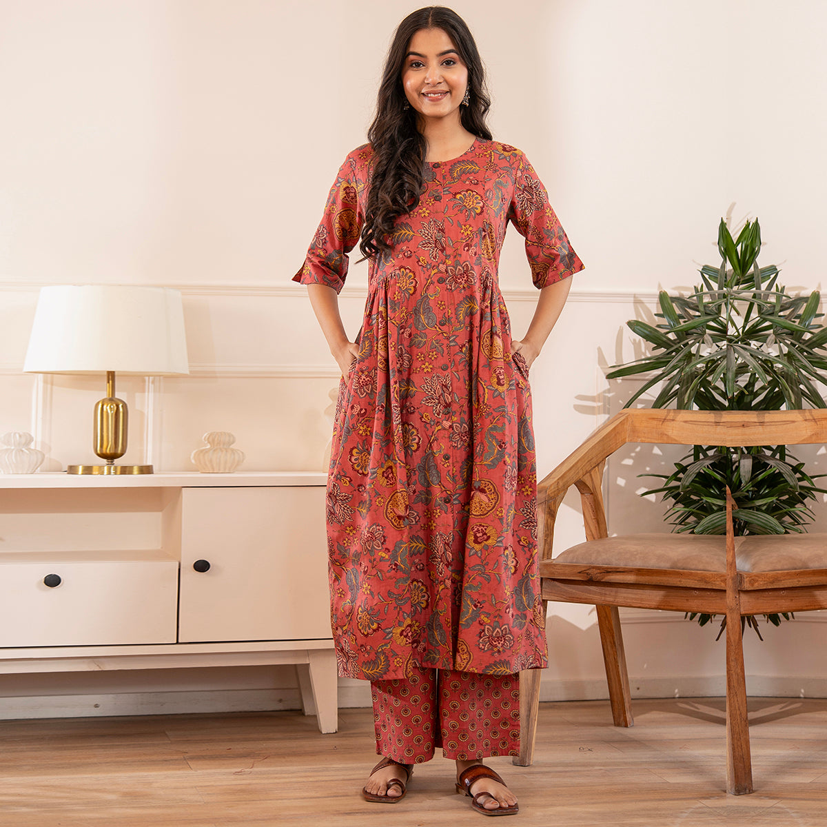 Rust Pink Floral Print Fit & Flared Kurta with Palazzo Pants