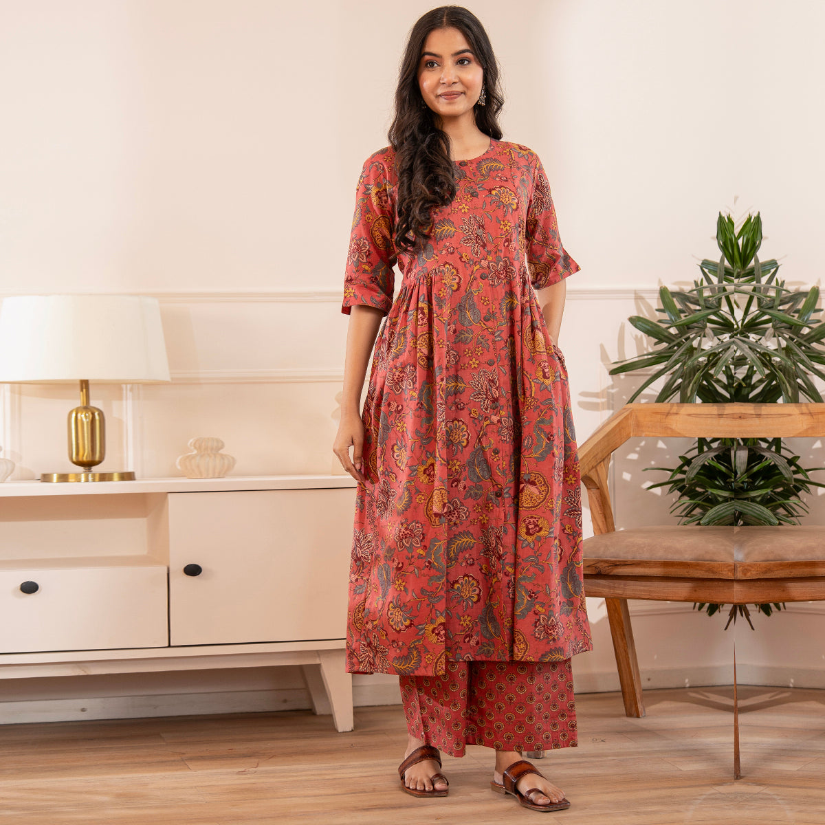 Rust Pink Floral Print Fit & Flared Kurta with Palazzo Pants