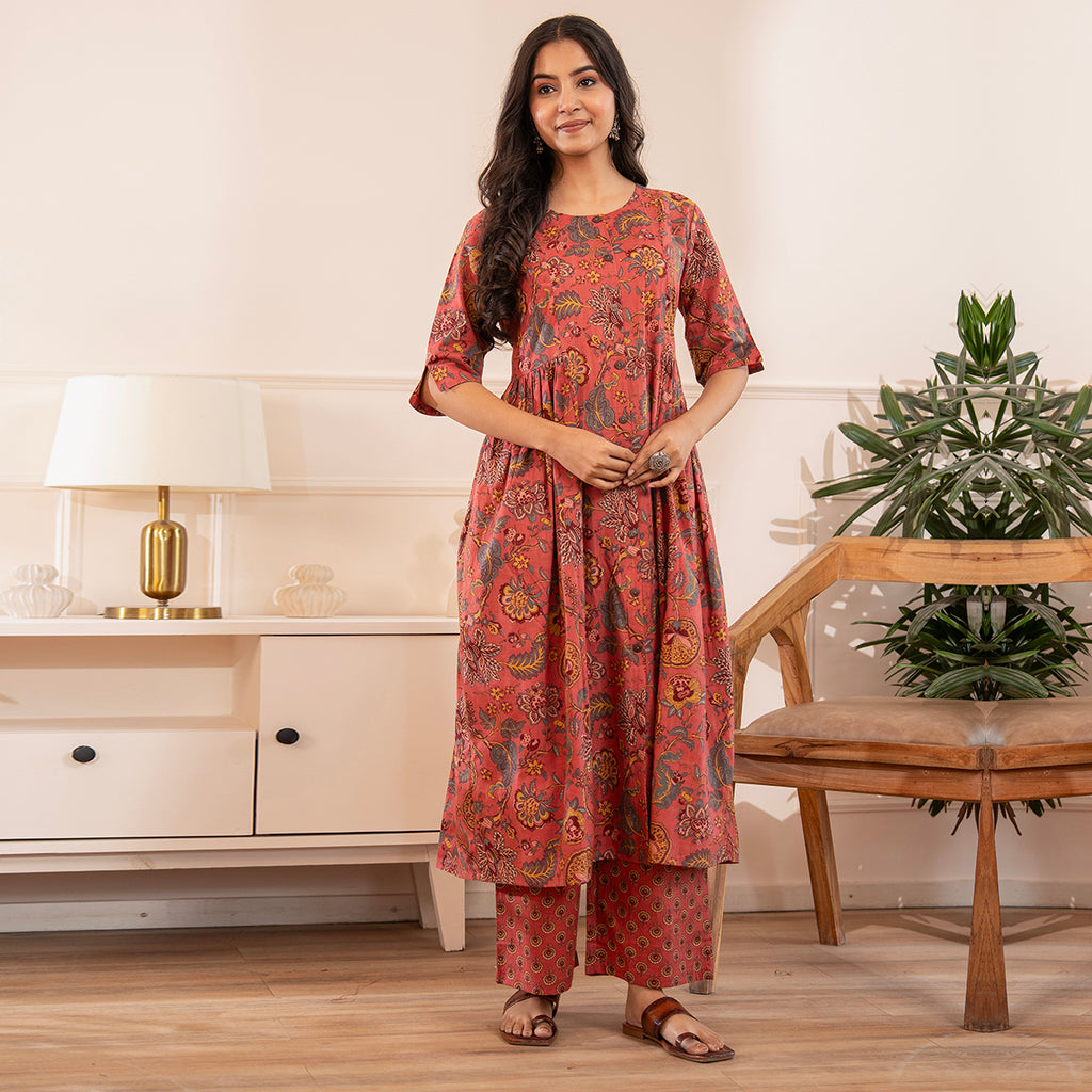 Rust Pink Floral Printed Cotton Co-ord Set