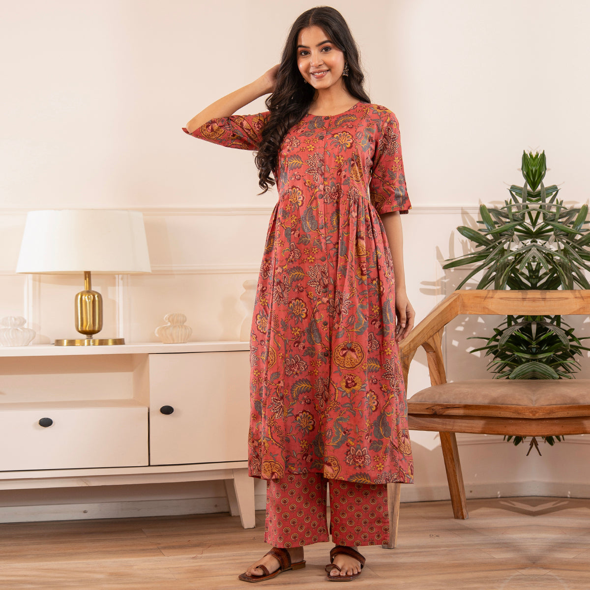 Rust Pink Floral Printed Cotton Co-ord Set