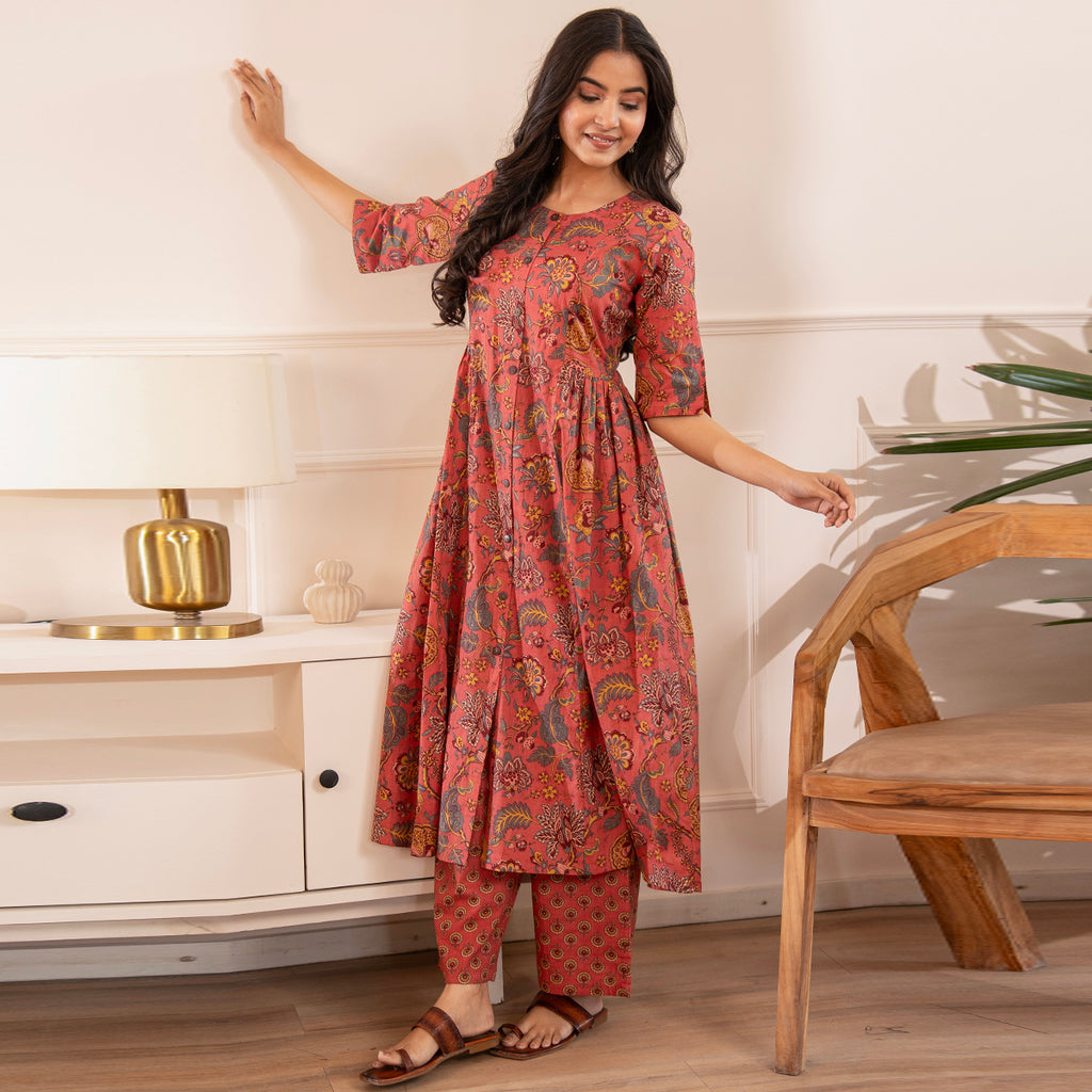 Rust Pink Floral Printed Cotton Co-ord Set