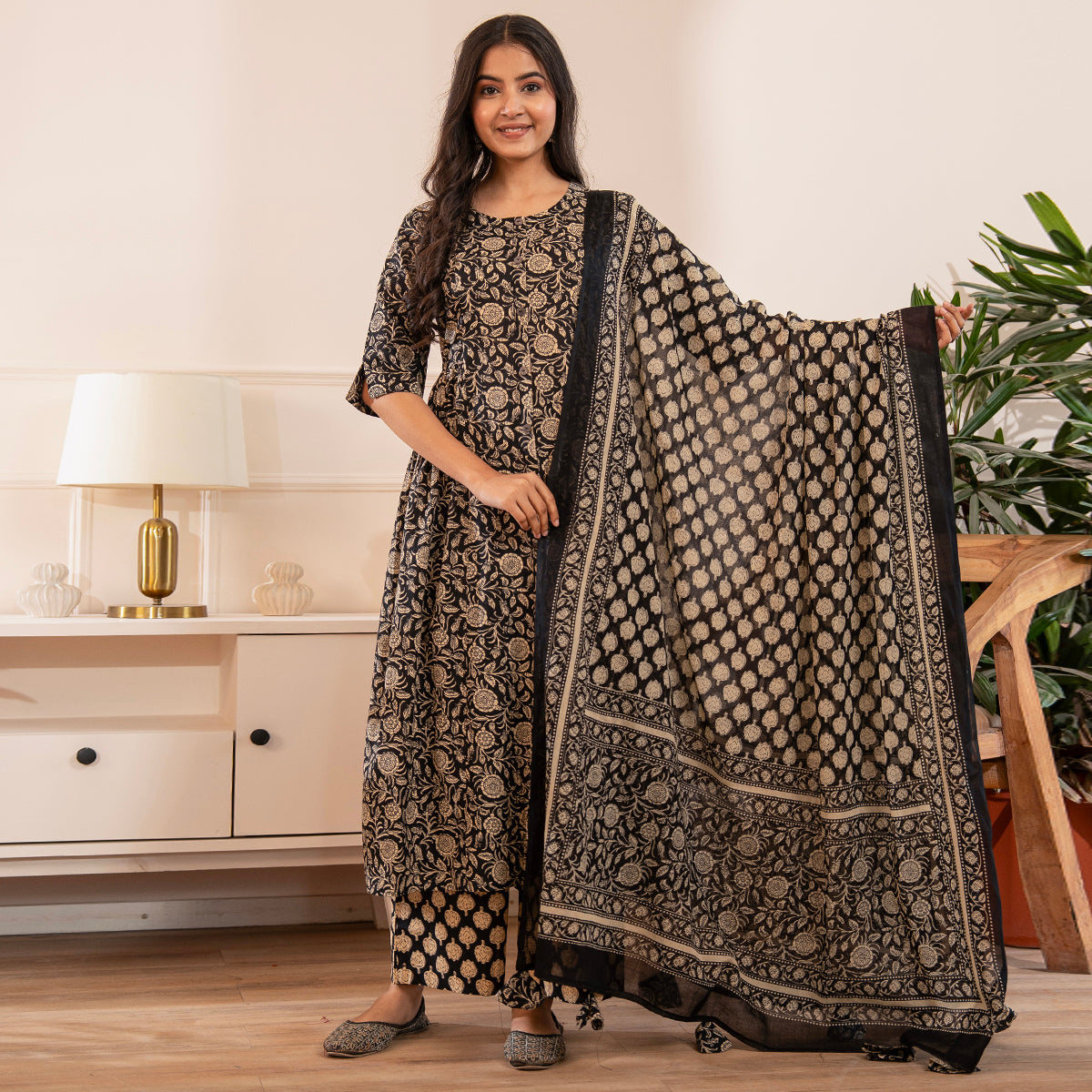 Black & Beige Floral Printed Cotton Kurta with Palazzo and Dupatta Set