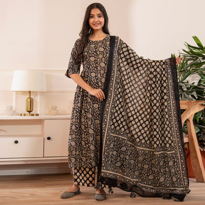 Black Floral Printed Cotton Kurta Palazzo Set With Dupatta