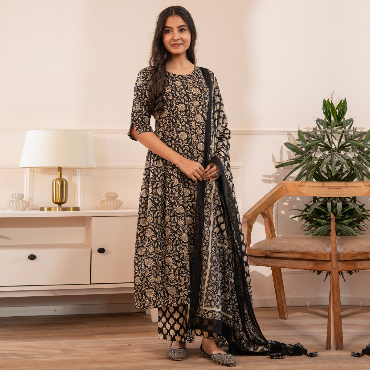 Black Floral Printed Cotton Kurta Palazzo Set With Dupatta