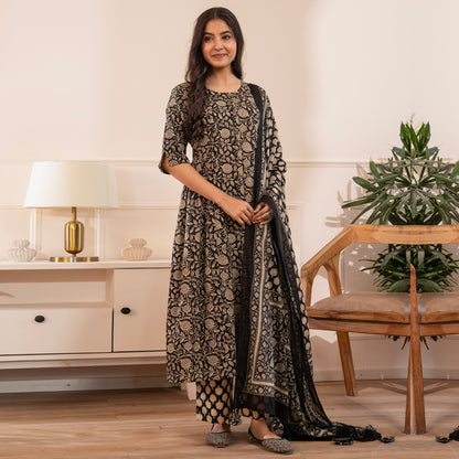 Black Floral Printed Cotton Kurta Palazzo Set With Dupatta