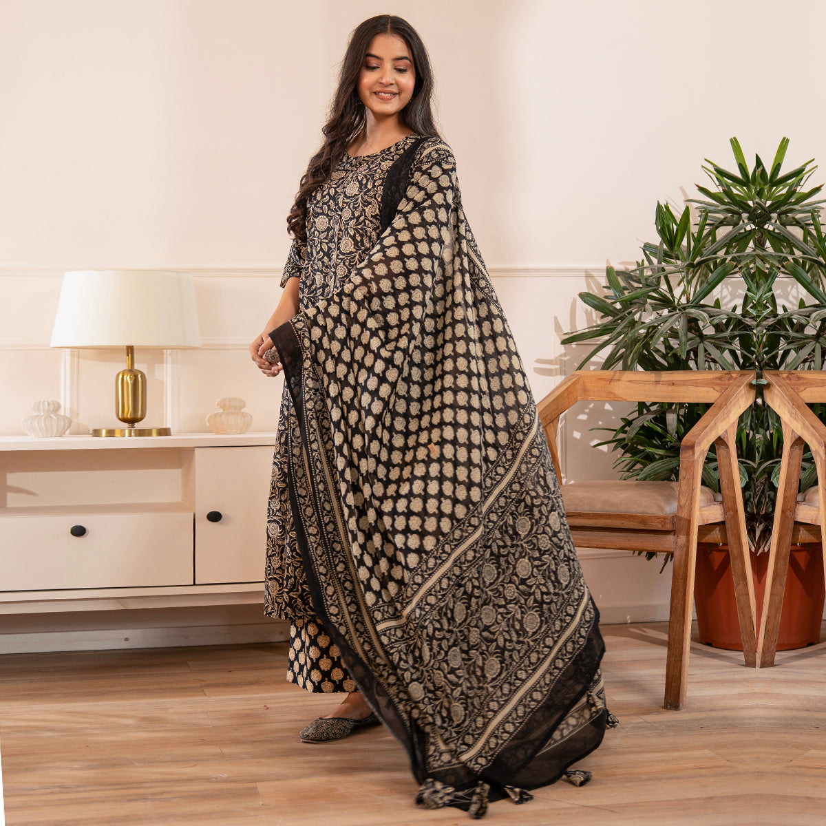 Black Floral Printed Cotton Kurta Palazzo Set With Dupatta