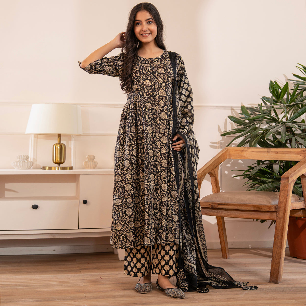 Black Floral Printed Cotton Kurta Palazzo Set With Dupatta