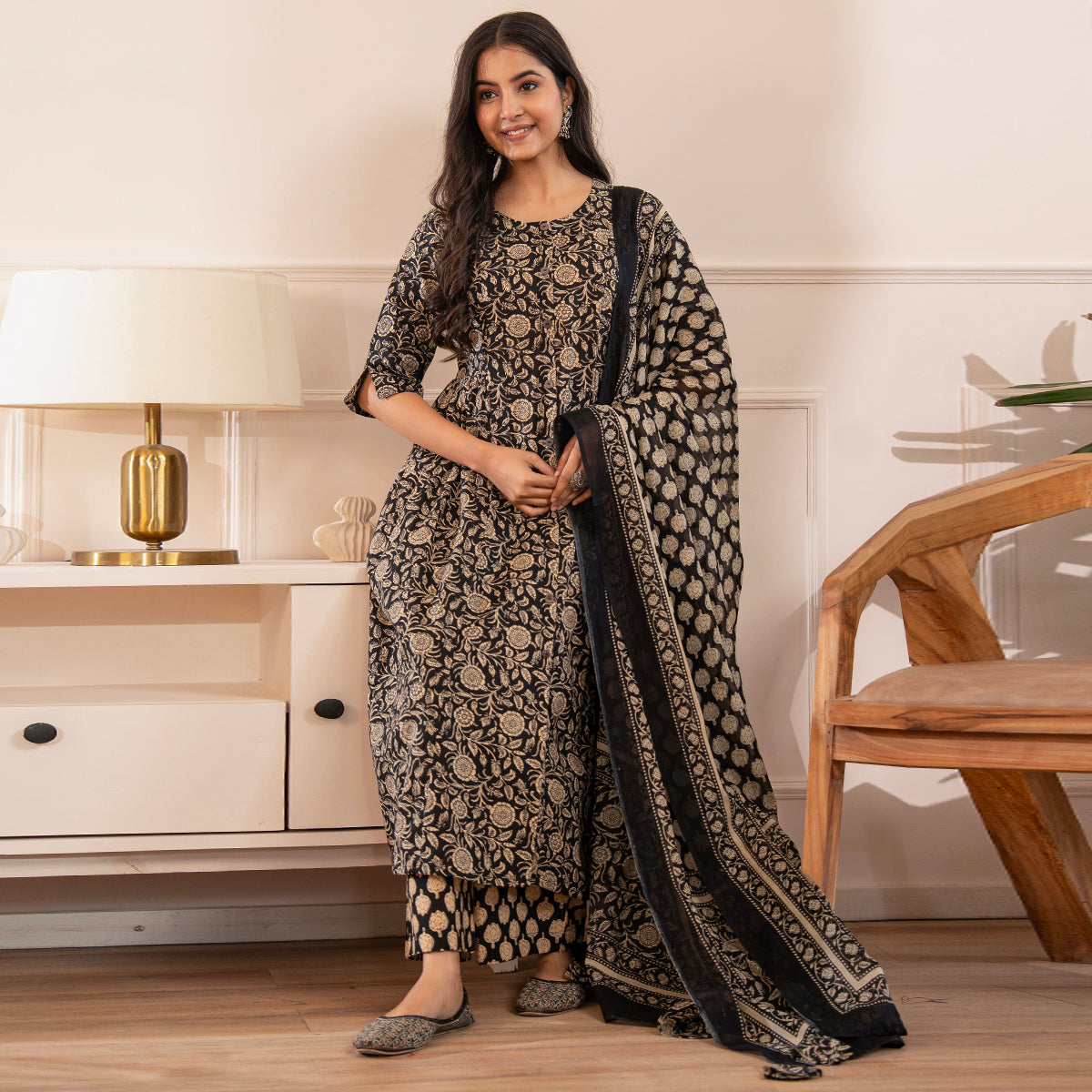 Black & Beige Floral Printed Cotton Kurta with Palazzo and Dupatta Set