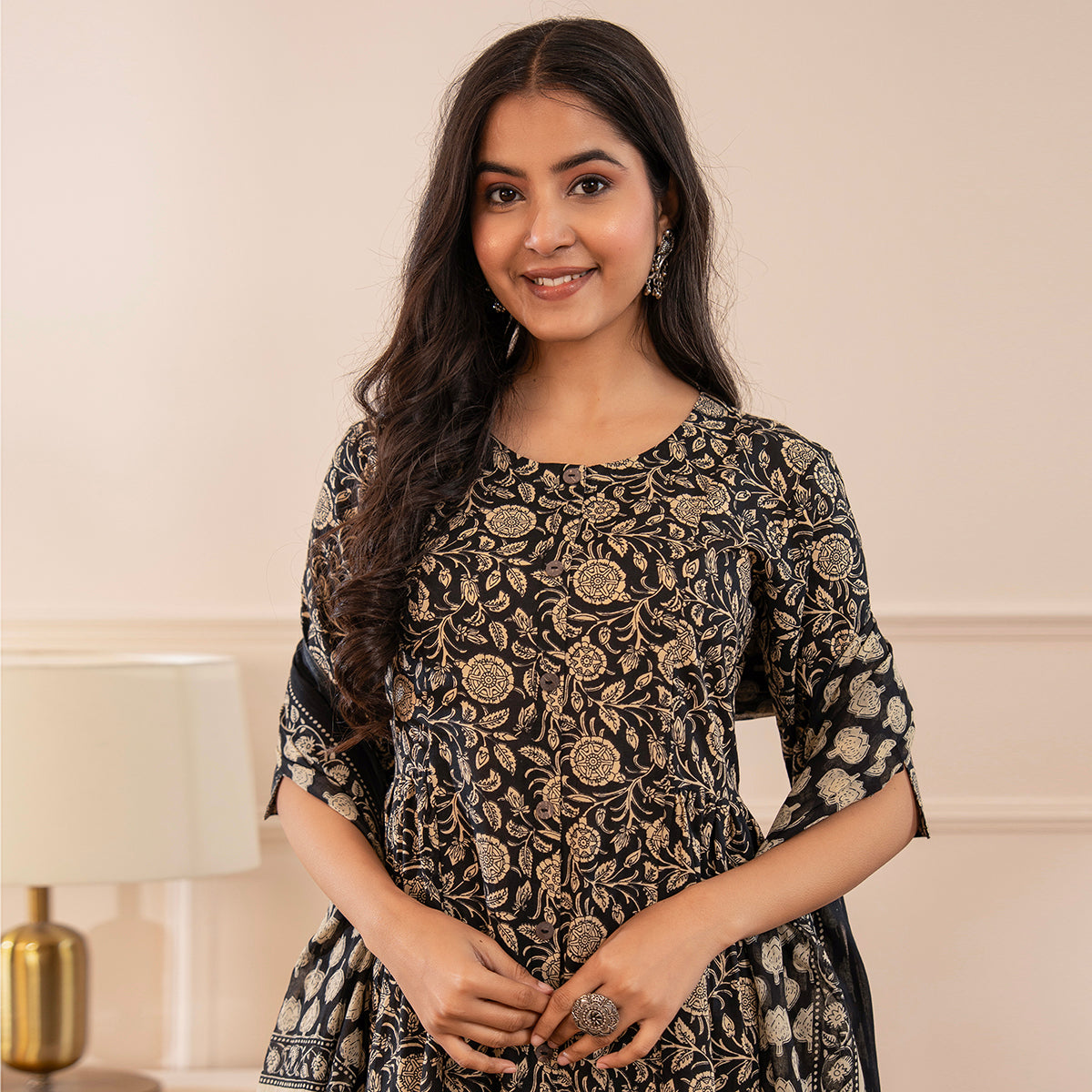 Black Floral Printed Cotton Kurta Palazzo Set With Dupatta