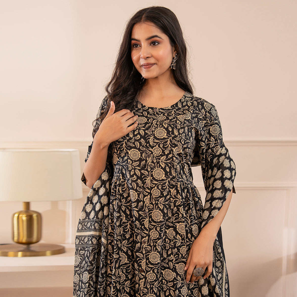 Black Floral Printed Cotton Kurta Palazzo Set With Dupatta