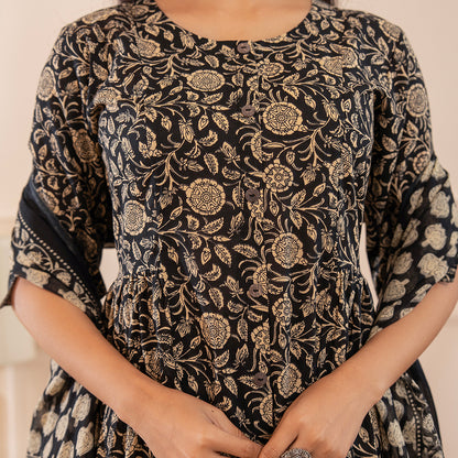 Black Floral Printed Cotton Kurta Palazzo Set With Dupatta