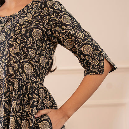 Black Floral Printed Cotton Kurta Palazzo Set With Dupatta