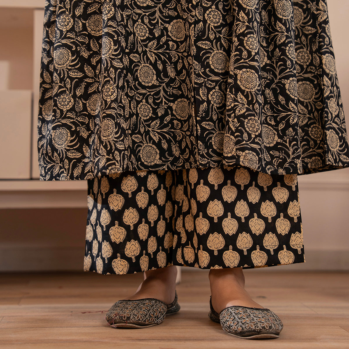 Black Floral Printed Cotton Kurta Palazzo Set With Dupatta