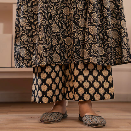 Black Floral Printed Cotton Kurta Palazzo Set With Dupatta