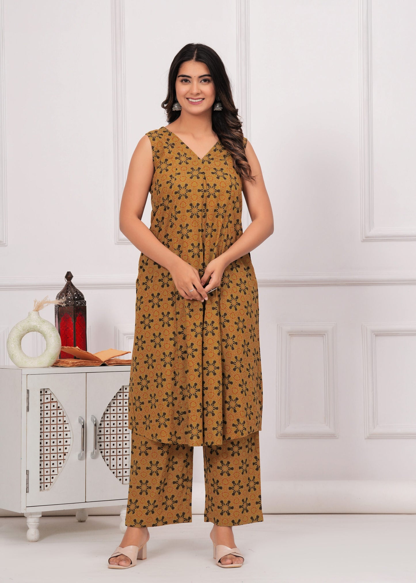 Mustard Yellow Ajrakh Printed Cotton Co-ord Set