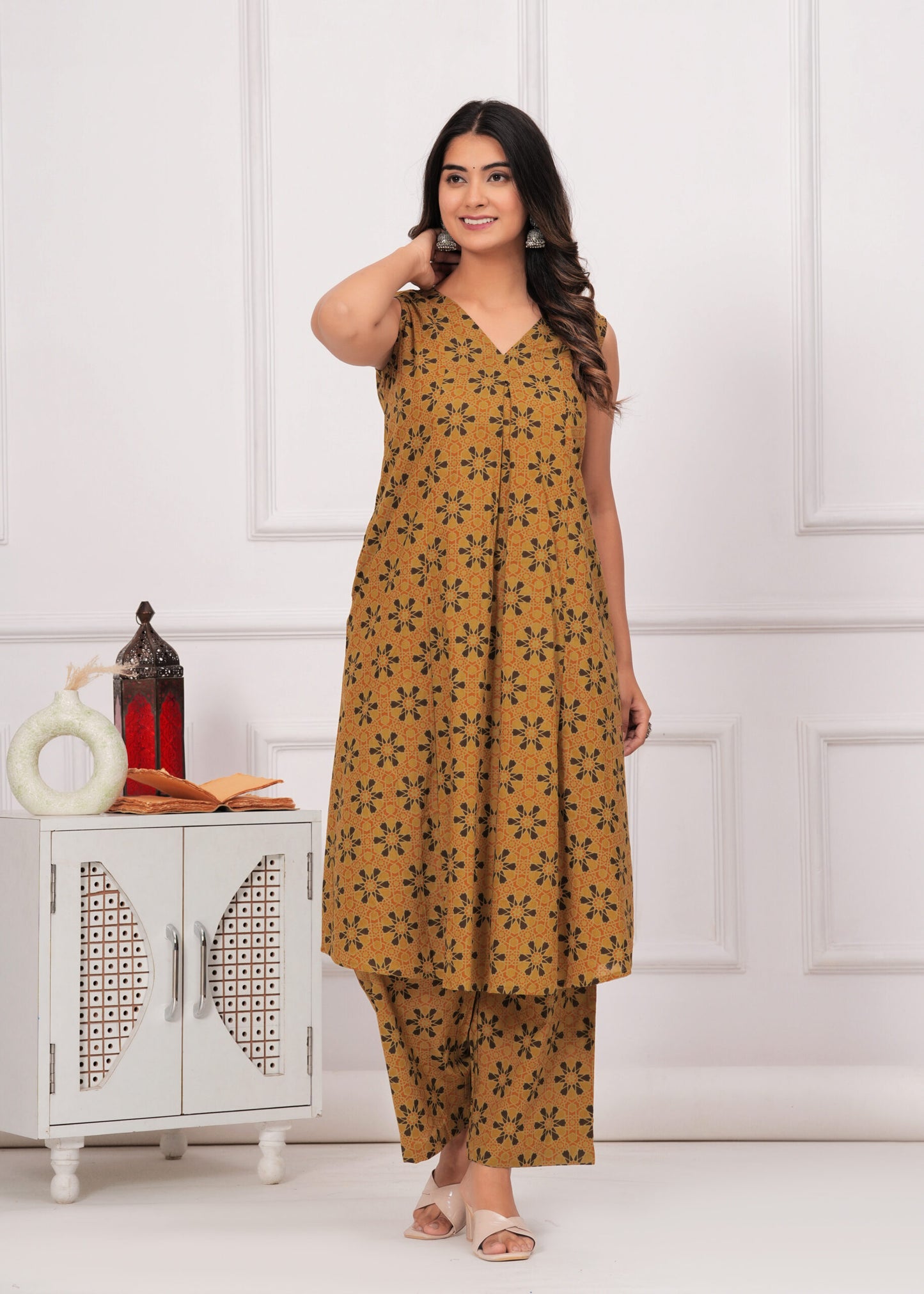 Mustard Yellow Ajrakh Printed Cotton Co-ord Set