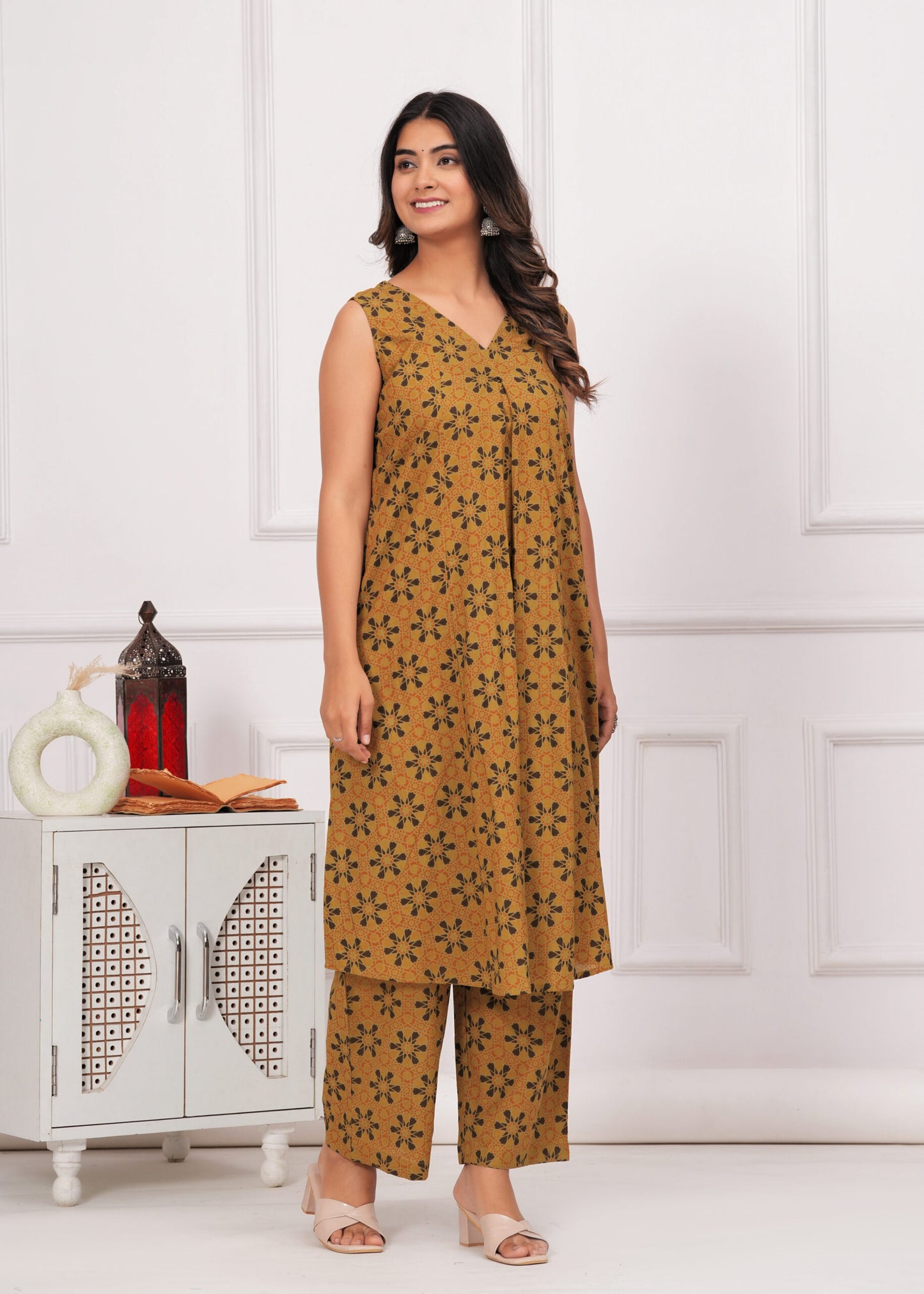 Mustard Yellow Ajrakh Printed Cotton Co-ord Set