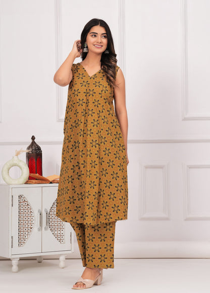 Mustard Yellow Ajrakh Printed Cotton Co-ord Set