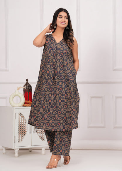 Navy blue Ajrakh Printed Cotton Co-ord Set