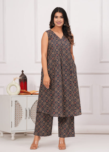 Navy blue Ajrakh Printed Cotton Co-ord Set