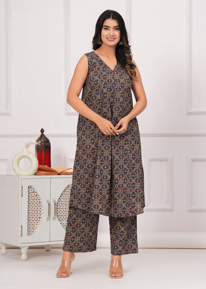 Navy blue Ajrakh Printed Cotton Co-ord Set