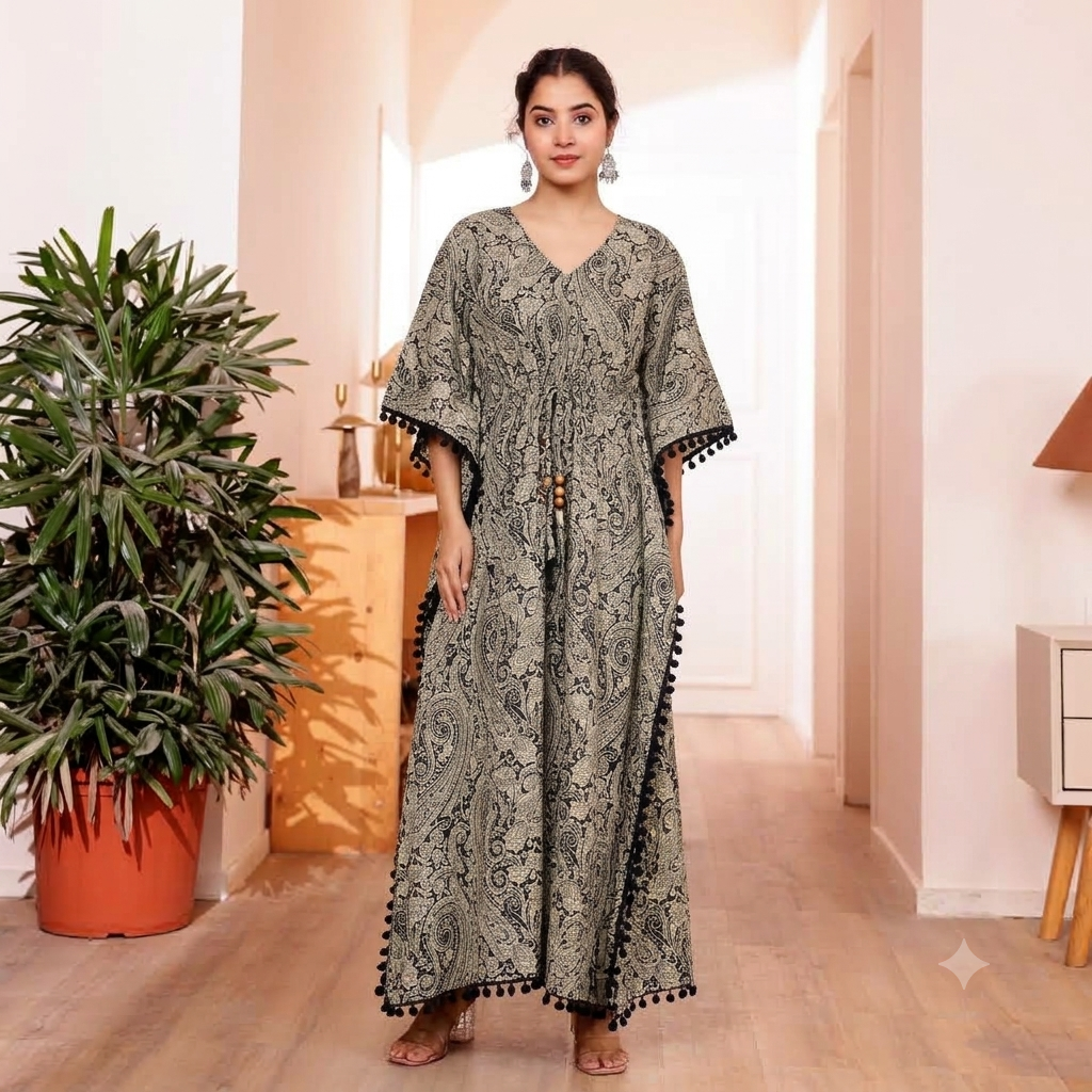 Beige Paisley Print with kaftan with Black Pom Pom Lace