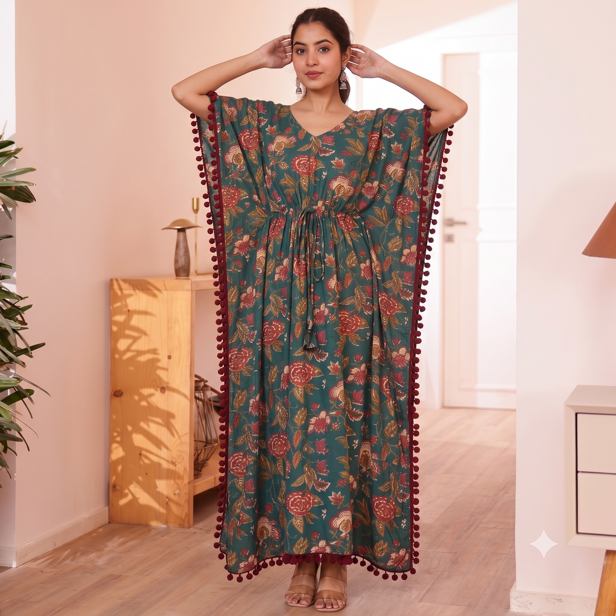 Teal Floral Print Kaftan with Maroon Pom Pom Lace