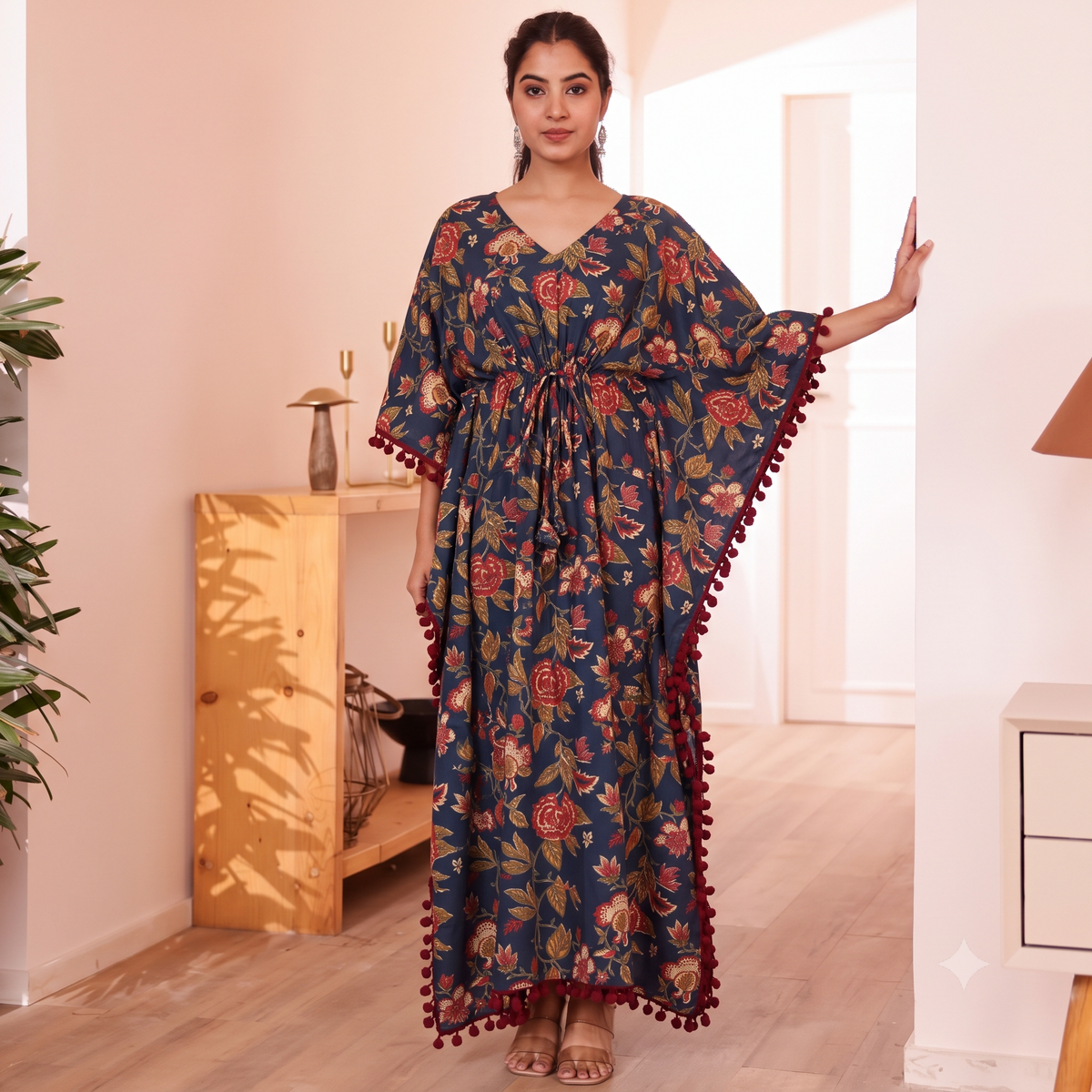 Navy Blue Floral Print Kaftan with Maroon Pom Pom Lace